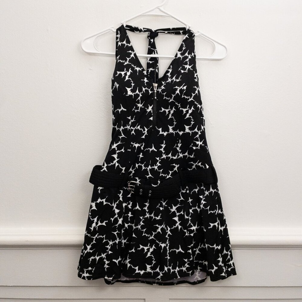 Shape FX Black White Halter Swimsuit Dress with Belt Size 10 Flattering Fit